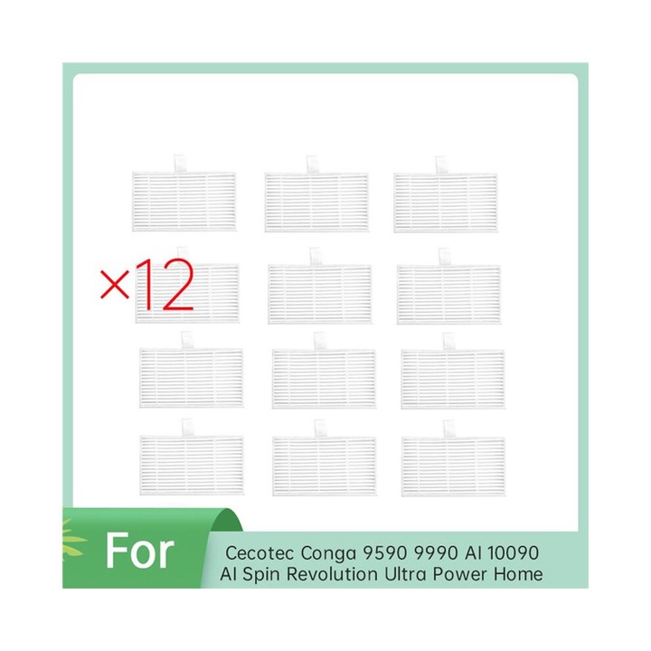 Set de 12 filtre HEPA pentru aspiratoare Cecotec Conga 9590 9990 AI 10090 AI Spin Revolution Ultra Power, lavabile, reutilizabile, plastic