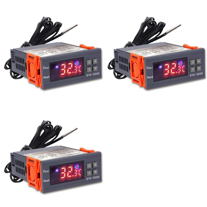 3 db STC-3000 Hőmérséklet-szabályzó készlet, 220V, 50C-99C, Fekete