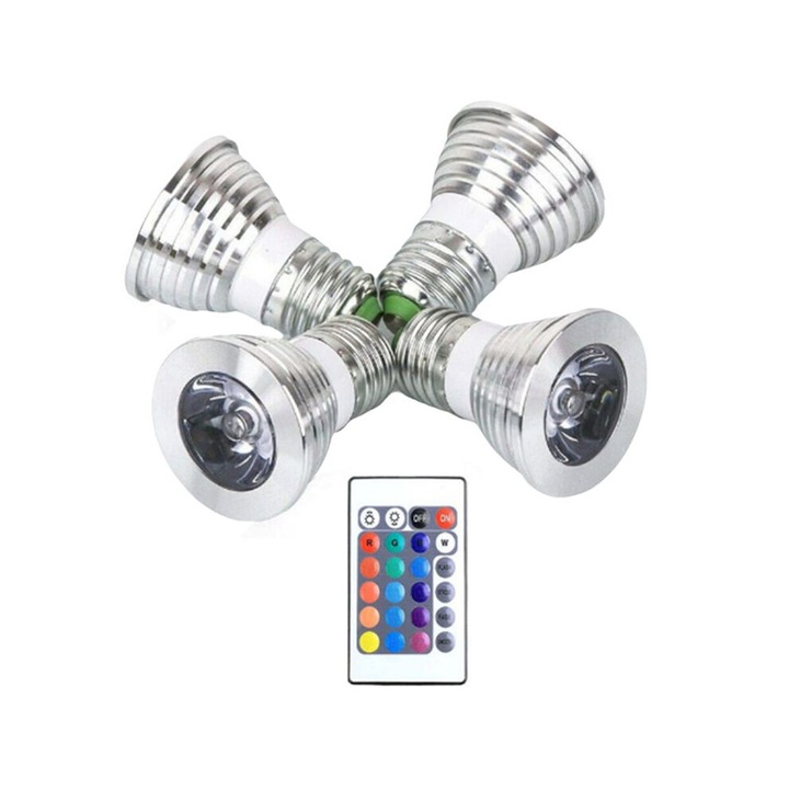 Set 4 Becuri E27 cu Telecomanda, 17 Culori Schimbatoare, 4 Moduri de Iluminare, 5W, 6000K