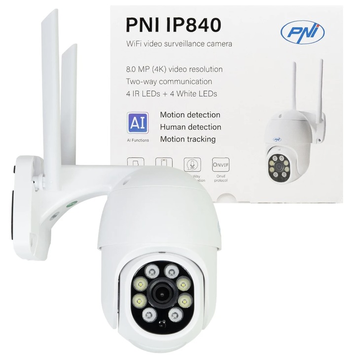 Смарт, интелигентна камера за наблюдение PNI, Wi-Fi, 8MP, 4K, микрофон, високоговорител, AI функции, вътрешна, външна, IP 65, високоговорител, детекция на движение, детекция на човешка форма, приложение, сирена, 256 GB