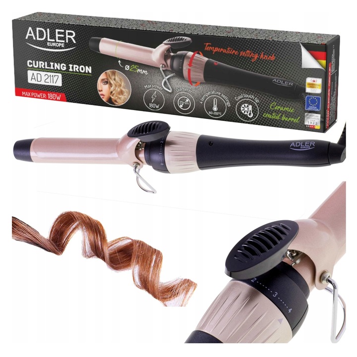 Ondulator de par ADLER AD 2117, O25 mm, invelis ceramic, reglaj temperatura 4 trepte (140-200°C), 180W, protectie la supraincalzire, varf rece, cablu rotativ, roz/negru