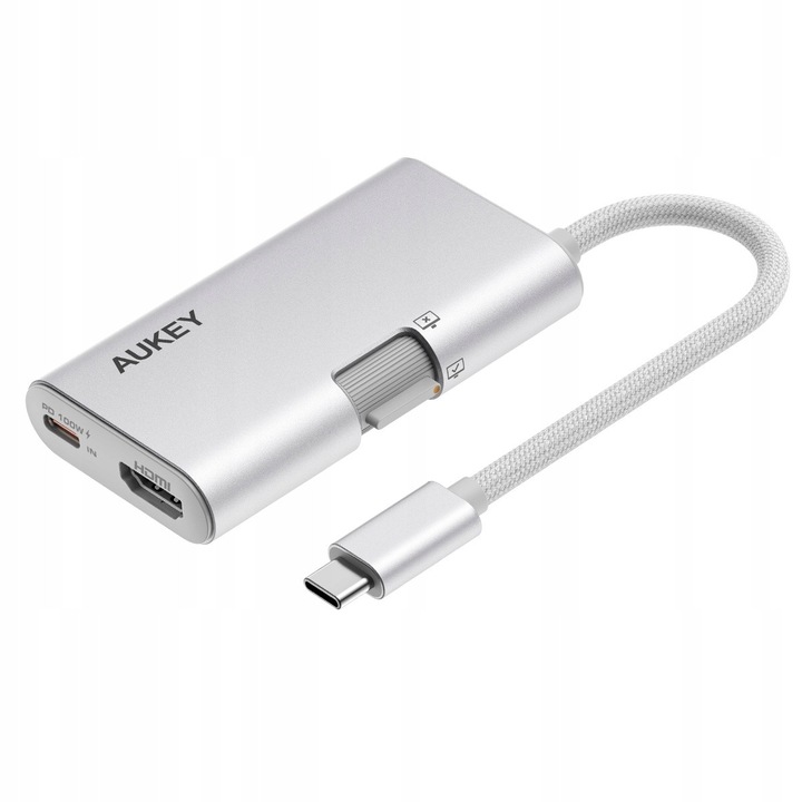 Hub Aukey UH-CUH01 3 az 1-ben, USB-C, USB-A, 100W, HDMI 4K, 5Gbps, fehér