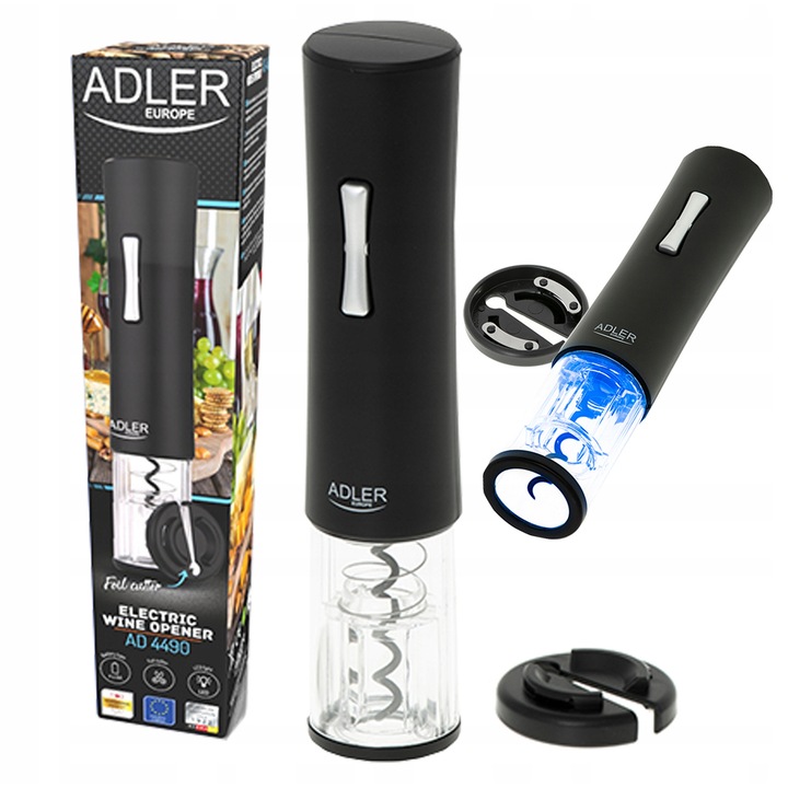 Електрически отварачка за вино ADLER AD 4490 с LED осветление, подходяща за тапи O 20-24 мм, от пластмаса, черна, 1 бр
