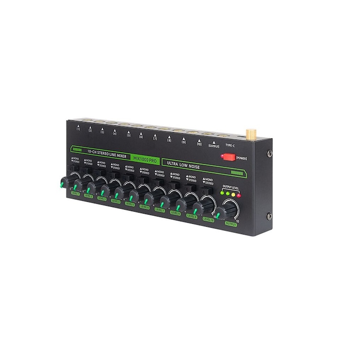 Professzionális 10 csatornás audiomixer, RGB világítás, nagyon alacsony zajszint, fekete, DC5V tápellátás
