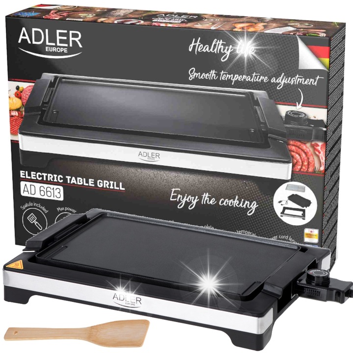Grill electric de masa Adler AD 6613, 3000W, negru, 45x32x8cm