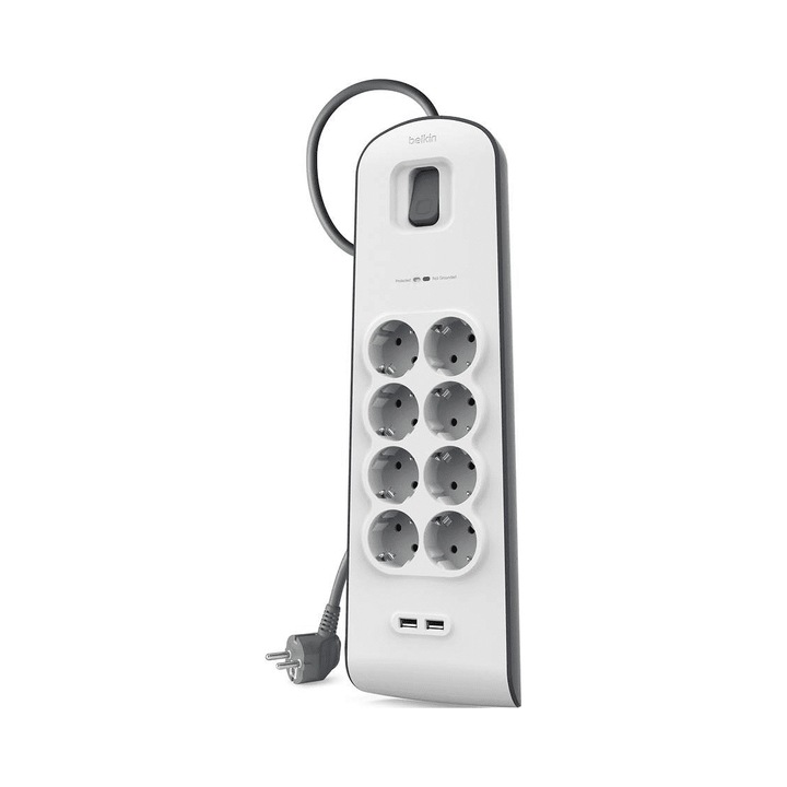 Разклонител Belkin с 8 контакта, 2 USB, бял, 2м кабел