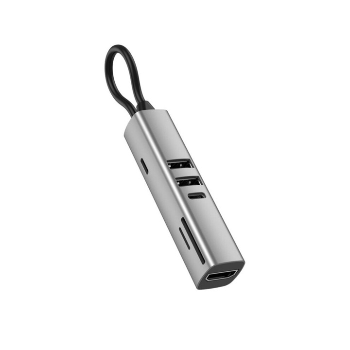 HUB USB C 7 az 1-ben, 2 USB 3.0, 1 USB C, 1 PD 100 W, 1 TF, 1 HDTV 4K 30 Hz, ezüstszürke