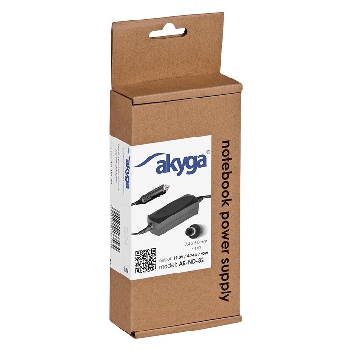 Akyga AK-ND-32 autós tápegység/autós töltő, 19V/4,74A 90W, 7.4x5.0 mm-es csatlakozóval + tűvel, Dell kompatibilis, Fekete, 1 db