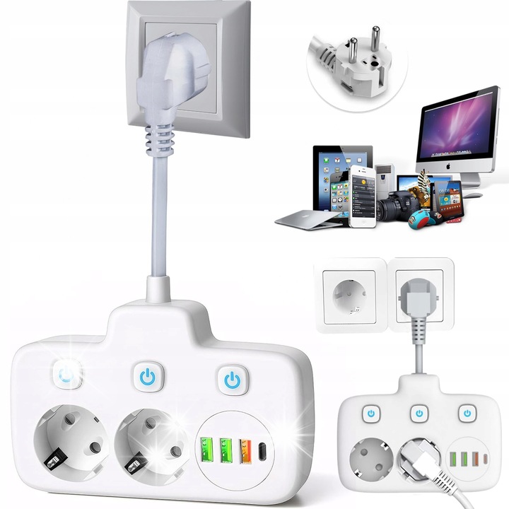 Bedee 7 az 1-ben elosztó, 3 aljzat, 4 USB, fehér, flexibilis kábel