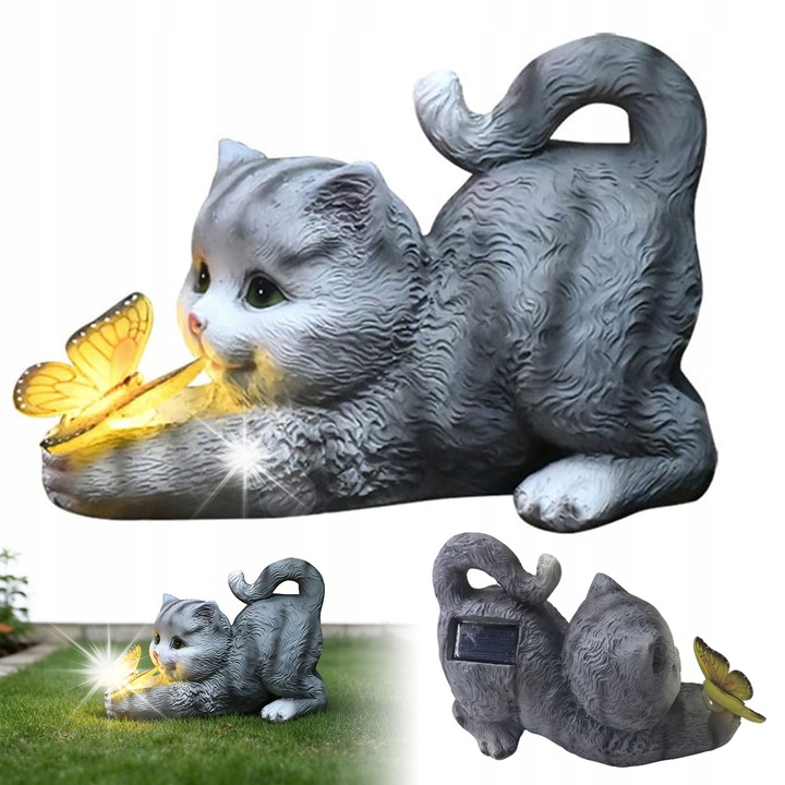 Соларна фигурка Bedee, котка с пеперуда, LED, декорация за балкон/градина