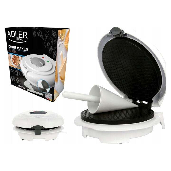 Aparat de vafe Adler AD 3038 alb 1500W cu forma conica 18cm