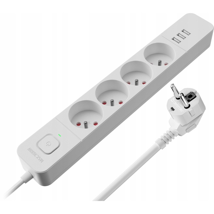 Defender SFS133 túlfeszültségvédő elosztó, 4 földelt aljzat, 3 USB port, rövidzárlat és túlterhelés elleni védelem, Fehér, 1.5 m