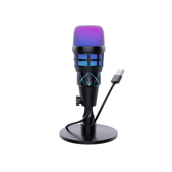 USB mikrofon RGB világítással, játékhoz és podcastinghoz, fekete, kompakt méret