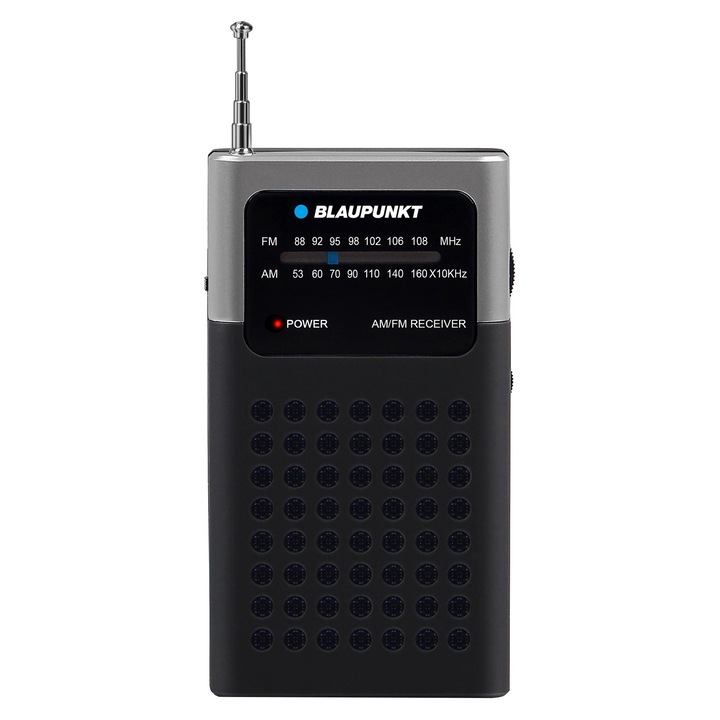 Blaupunkt PR4 AM/FM analóg zsebrádió, beépített 1.5 hüvelykes hangszóróval, 2 x AA elemmel működik, fekete, 60x109x24 mm