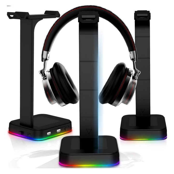 Suport universal pentru casti RGB cu hub USB 12x13x26cm