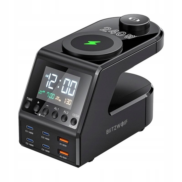 Будилник Blitzwolf BW-FW10 с USB-A USB-C зарядно 240W, черен