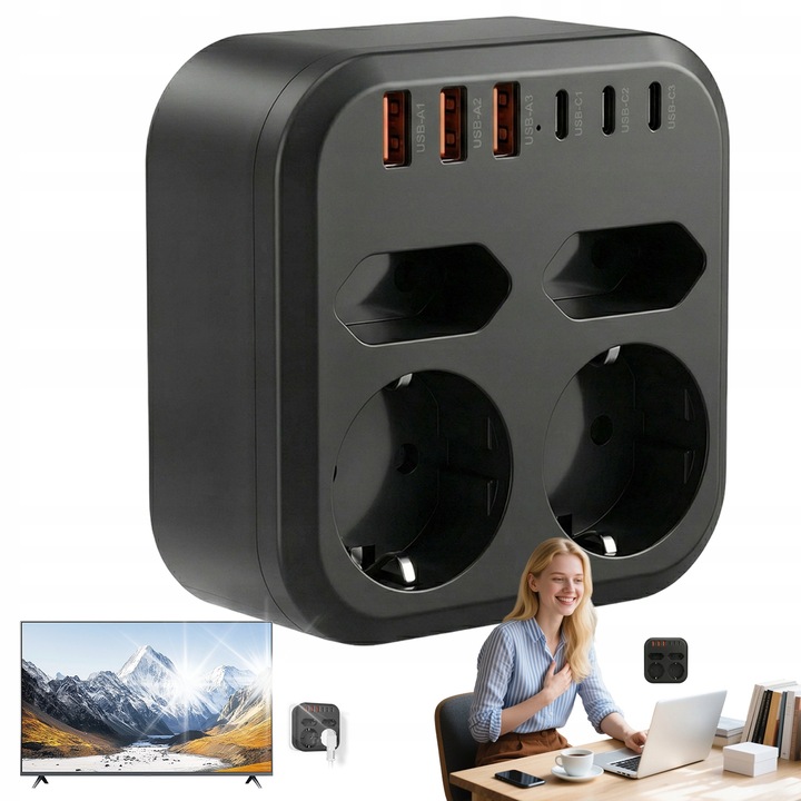 Bedee 10 az 1-ben hosszabbító, USB-A és USB-C, fekete, 10x10x4.2cm