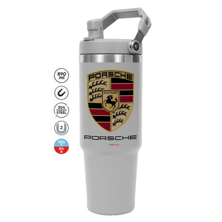 Termos din otel inoxidabil 30oz cu capac si pai, 890ml, gri