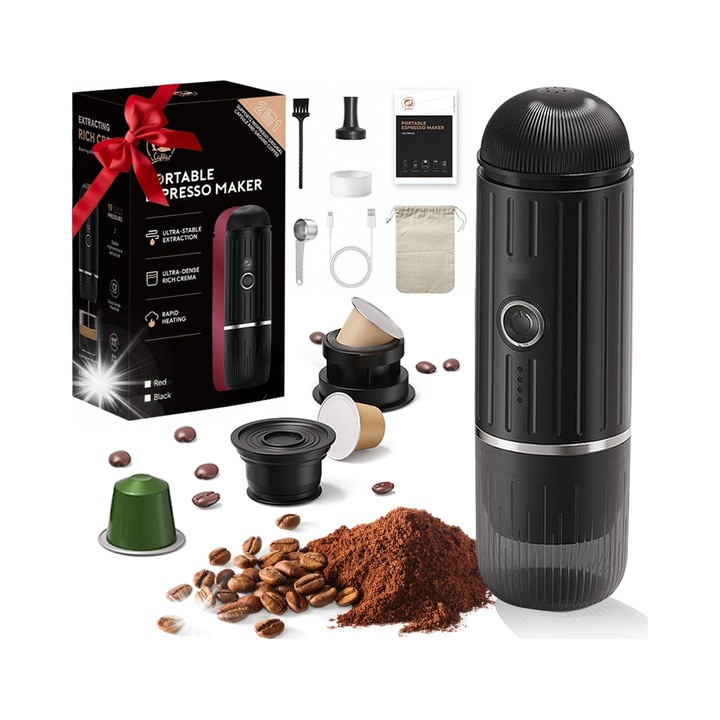 Espressor portabil manual, 15 bar, compact, 100ml, negru
