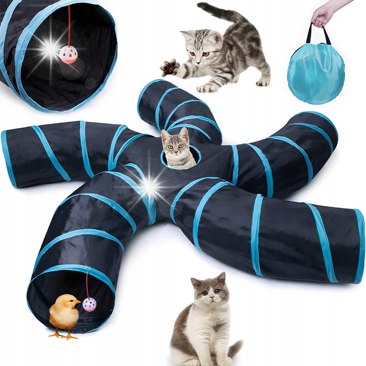 Тунел за котки, 5 канала, S-образна форма, синьо-черен, 50x20x20см