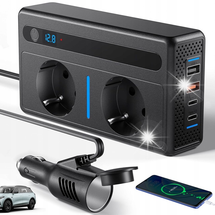 Autós inverter 12V-ról 220V-ra, 2 AC porttal és LED védelemmel
