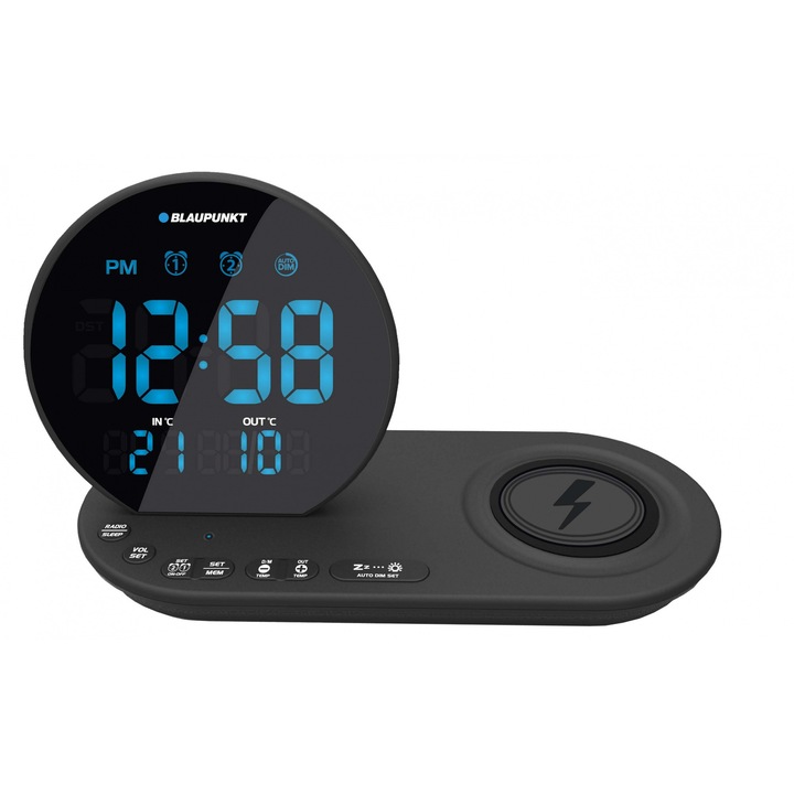 Blaupunkt CR85BK rádiós ébresztőóra, vezeték nélküli töltés, LED, 210x119x90mm