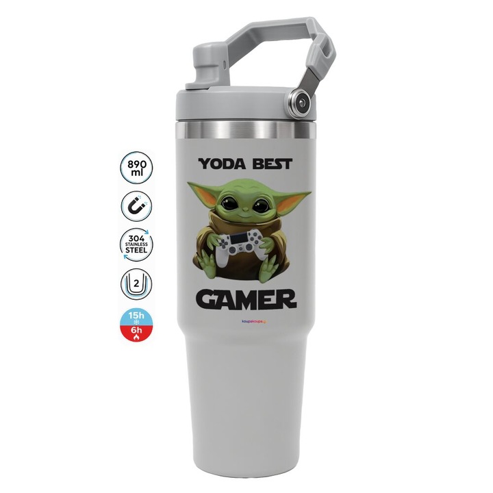 Termos din otel inoxidabil 30oz cu capac si pai, 890ml, gri