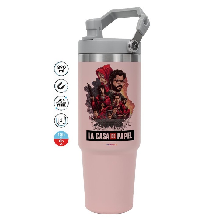 Termos din otel inoxidabil 30oz cu capac si pai, 890ml, multicolor, 24x7cm