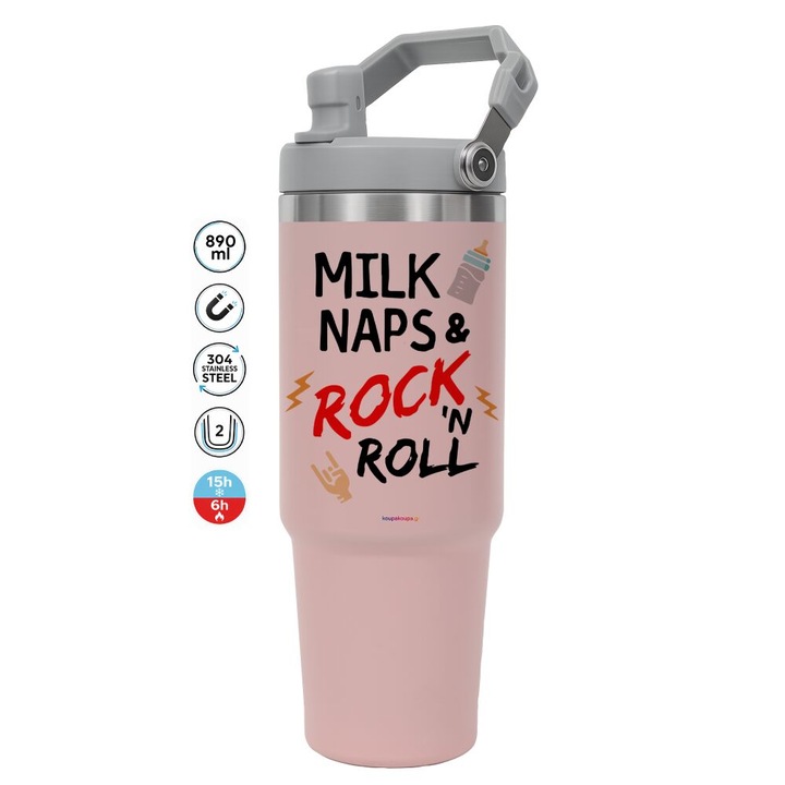 Termos din otel inoxidabil 30oz cu capac si pai, 890ml, multicolor, 24x8.5cm