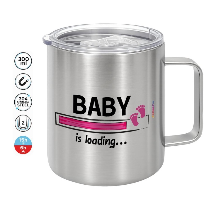 Cupa dublu perete inox 300ml cu capac termorezistent, pentru bauturi calde si reci