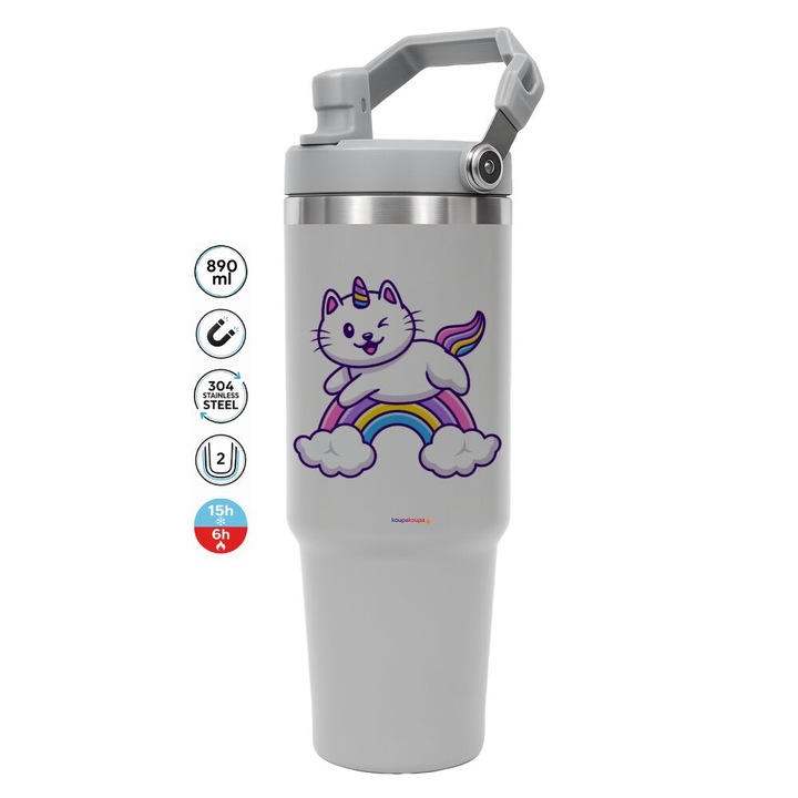 Termos din otel inoxidabil 30oz cu capac si pai, 890ml, gri