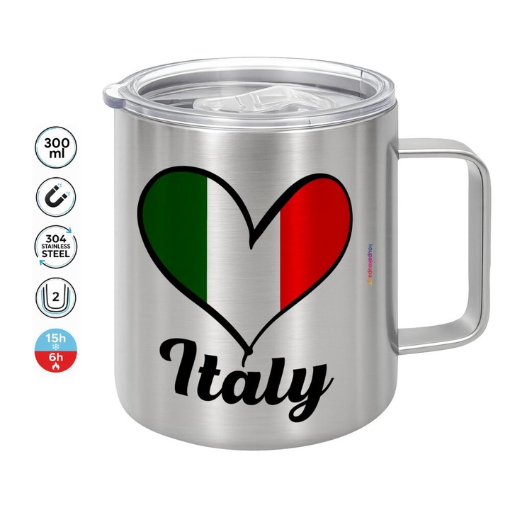 Cana termica dublu perete 300ml cu capac pentru mentinerea temperaturii, design steag Italia