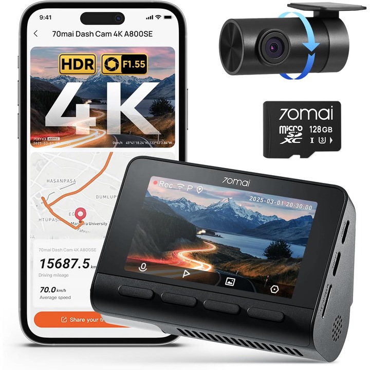 Camera auto DVR 70mai A800SE 4K + 1080p, Dual (Fata + Spate), GPS, WiFi, Night Vision, ADAS, Display IPS 3”, 128GB inclus