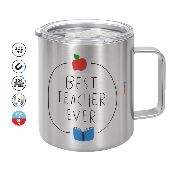 Cana termica dublu perete 300ml, capac cu mentinerea temperaturii, inox, 11,5x8,5cm