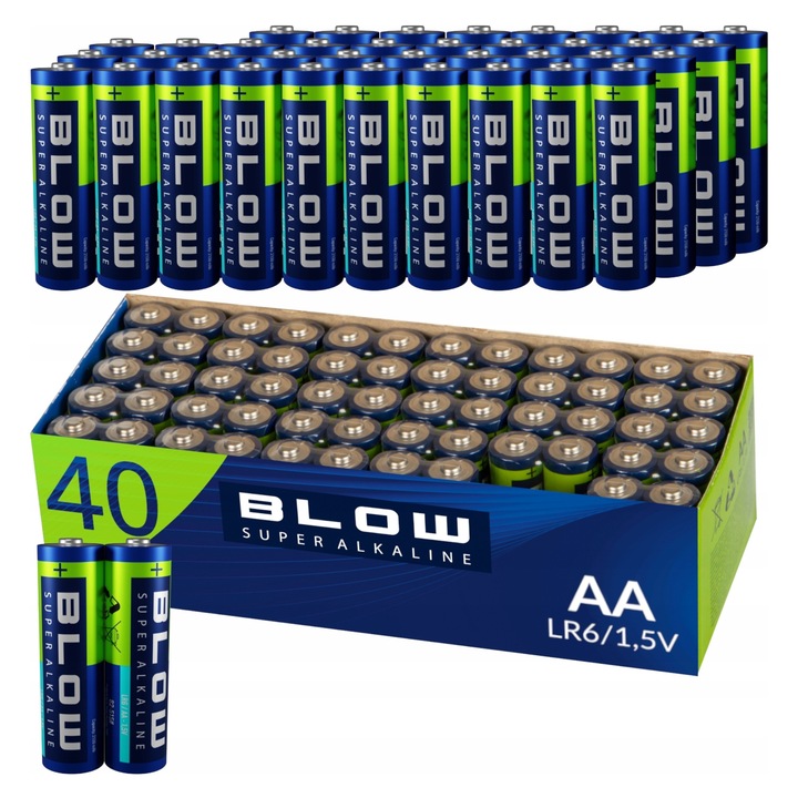 Комплект алкални батерии Blow Super Alkaline, AA LR6 1,5V 2500mAh / AAA LR3 1,5V 1000mAh, 20 x AA + 20 x AAA, Многоцветни, 40 бр.