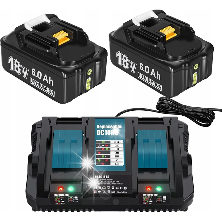 Set acumulatori 6000mAh cu incarcator, compatibil Makita, Li-ion, negru