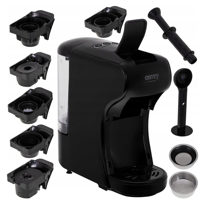 Espressor capsule Camry, multi-compatibil Nespresso/Dolce Gusto/Lavazza, 19 bar cu adaptor pentru cafea macinata si 2 filtre, Negru, 0.6 l