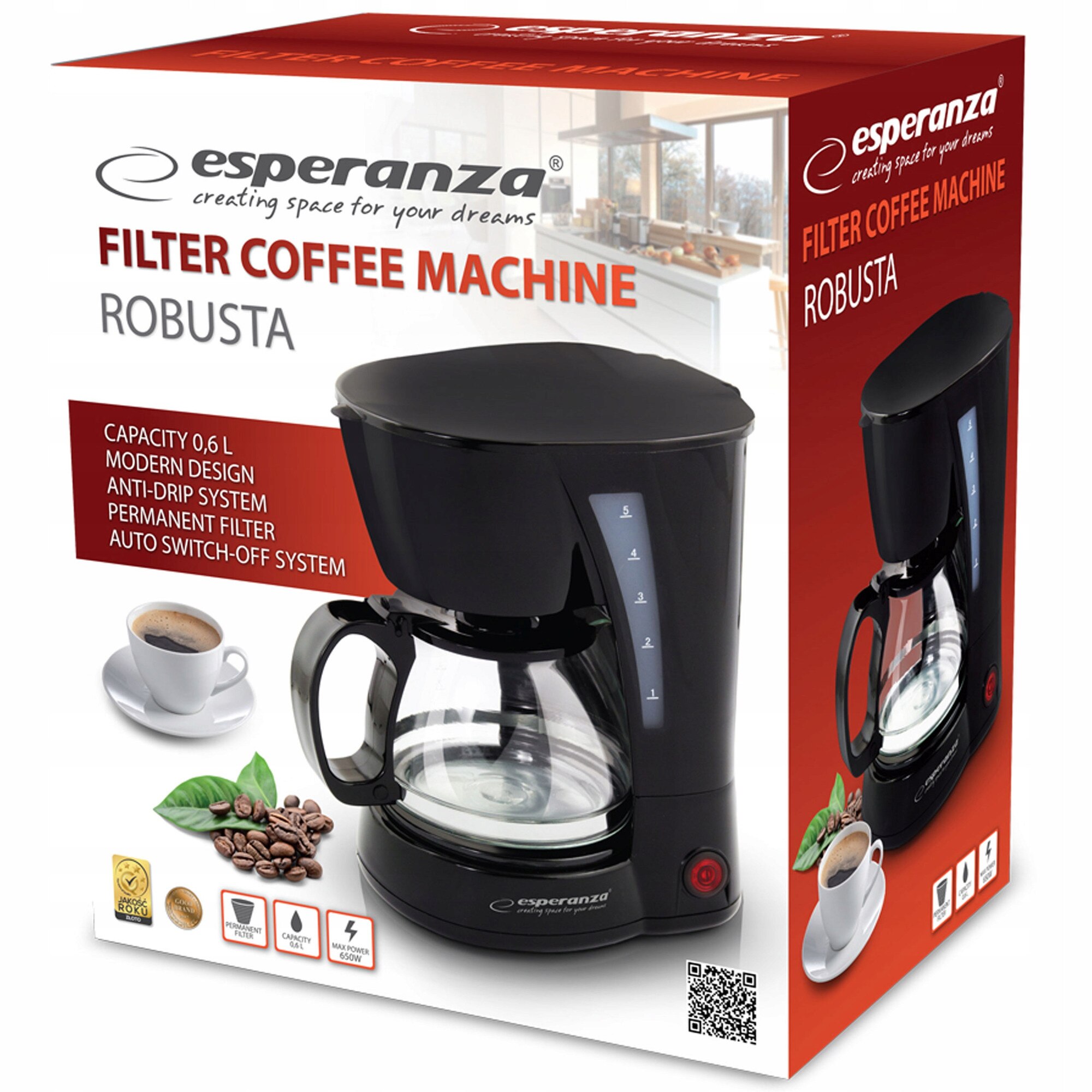 Espressor cafea filtru Esperanza Robusta automat negru 0.6l