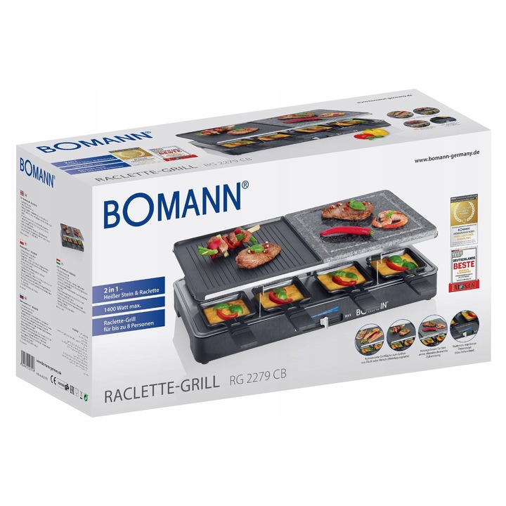 Електрически грил Bomann RG 2279, двоен, естествен камък, черен, 46x23см