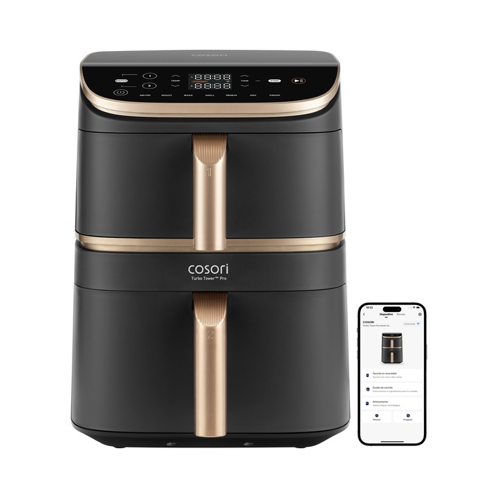 Friteuza fara ulei Cosori Turbo Tower Pro Smart, 10,8L, negru cu auriu roz, 41,3x30x40,5cm