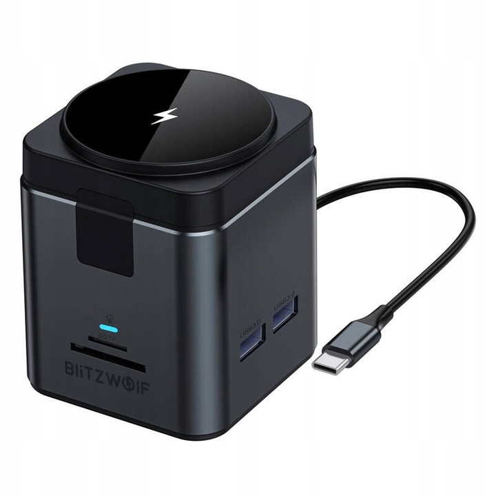 Blitzwolf BW-TH17 9 az 1-ben dokkolóállomás, vezeték nélküli 15W, USB 3.0, HDMI 4K, RJ45, alumínium, 64.5x64.5x79.5mm