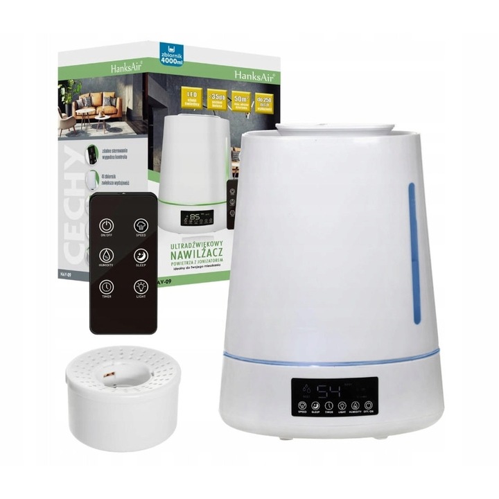 Umidificator ultrasonic Hanks-AIR 4L alb cu LED si telecomanda 40m2