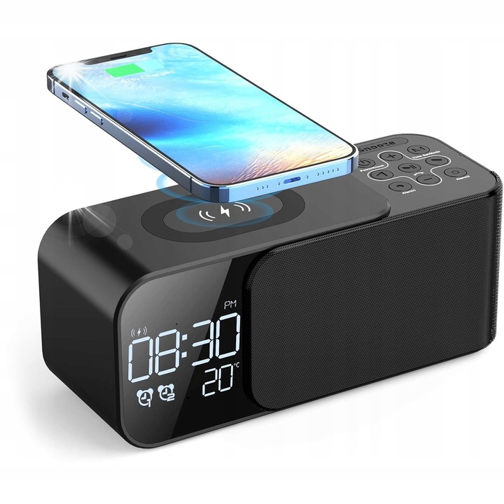 Мултифункционален будилник Interlook, Bluetooth 5.1, безжично зареждане, FM радио, бял, 19.6x8.2x7.4см