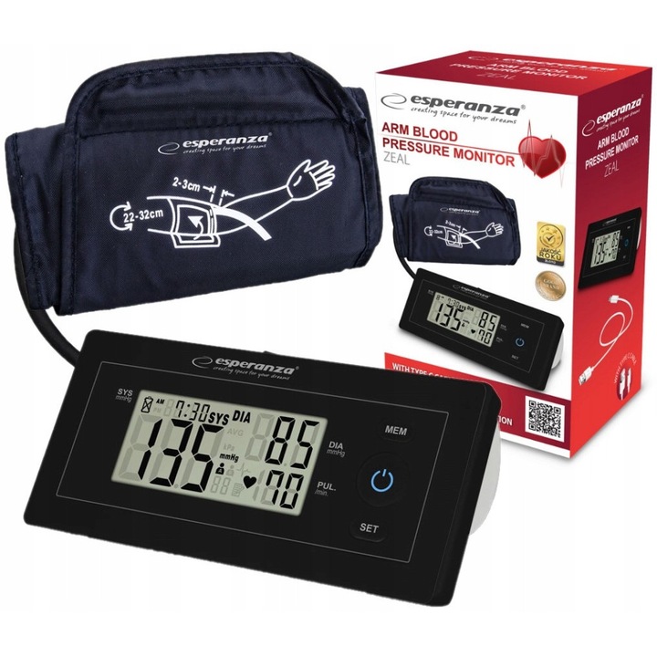 Tensiometru de brat Esperanza ZEAL electronic, LCD, memorie 198 masuratori, manseta 22-32 cm, 150x70x40 mm