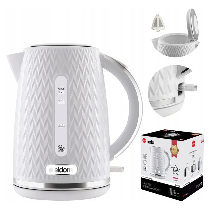 Eldom C260B Nelo Star Collection elektromos vízforraló / teafőző, 2000 W, 360°-ban forgatható alap, hálós szűrő, BPA-mentes, fehér, 1,7 l