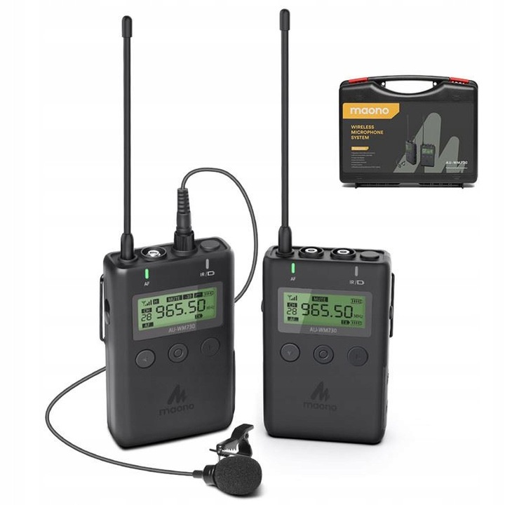 Безжична микрофонна система Maono AU-WM730, 48 канала, UHF, черна, 21.8x6.3x2.4см