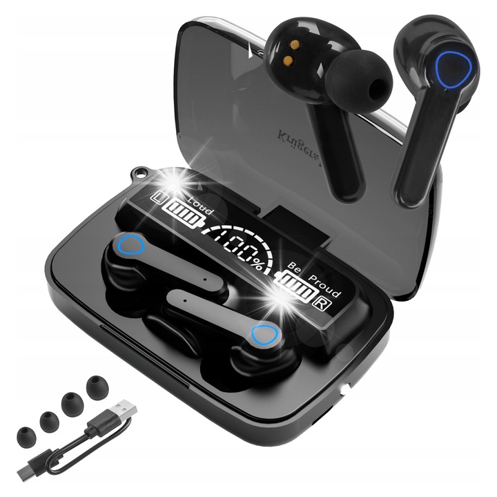 Kruger&Matz M19 vezeték nélküli fülhallgató, Bluetooth 5.3, powerbank, fekete, 30x30x30mm