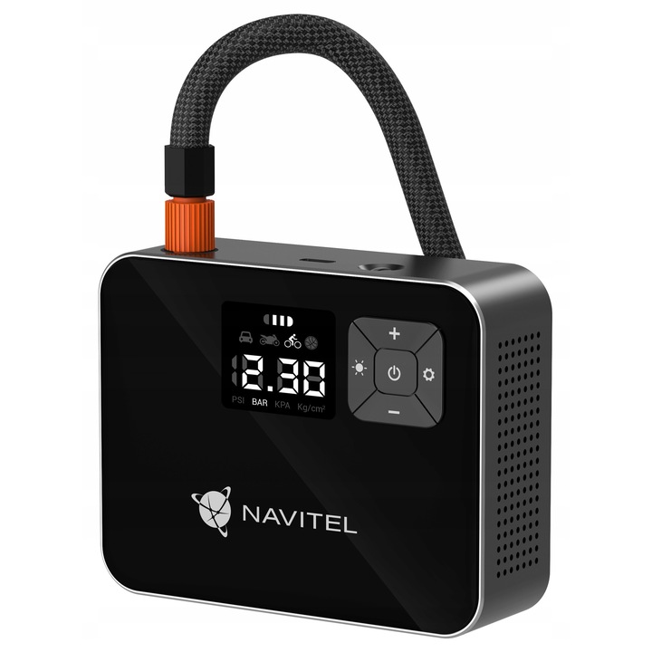 Преносим въздушен компресор / пневматична помпа NAVITEL AIR 15 AL, с цифров манометър и LCD дисплей, Li-ion батерия 2000 mAh, макс. 8,27 bar, черен