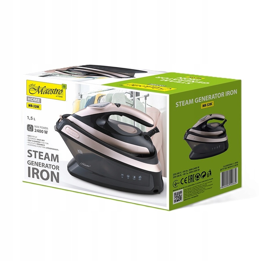 Generator de abur Maestro MR-320C TUDN34EXF, 2000-2400W, rezervor 1.5 l, talpa ceramica, panou LED, jet de abur si abur vertical, anti-picurare, negru/roz auriu