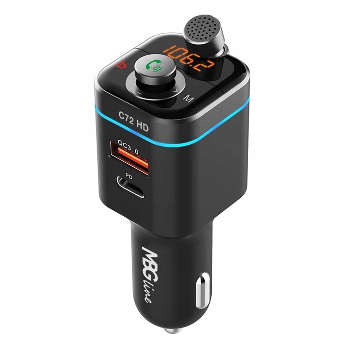 FM adó MBG Line C72 HD, Bluetooth 5.0, HD mikrofon, QC3.0 PD20W gyorstöltő, fekete, 39.3x39.5x97.35mm